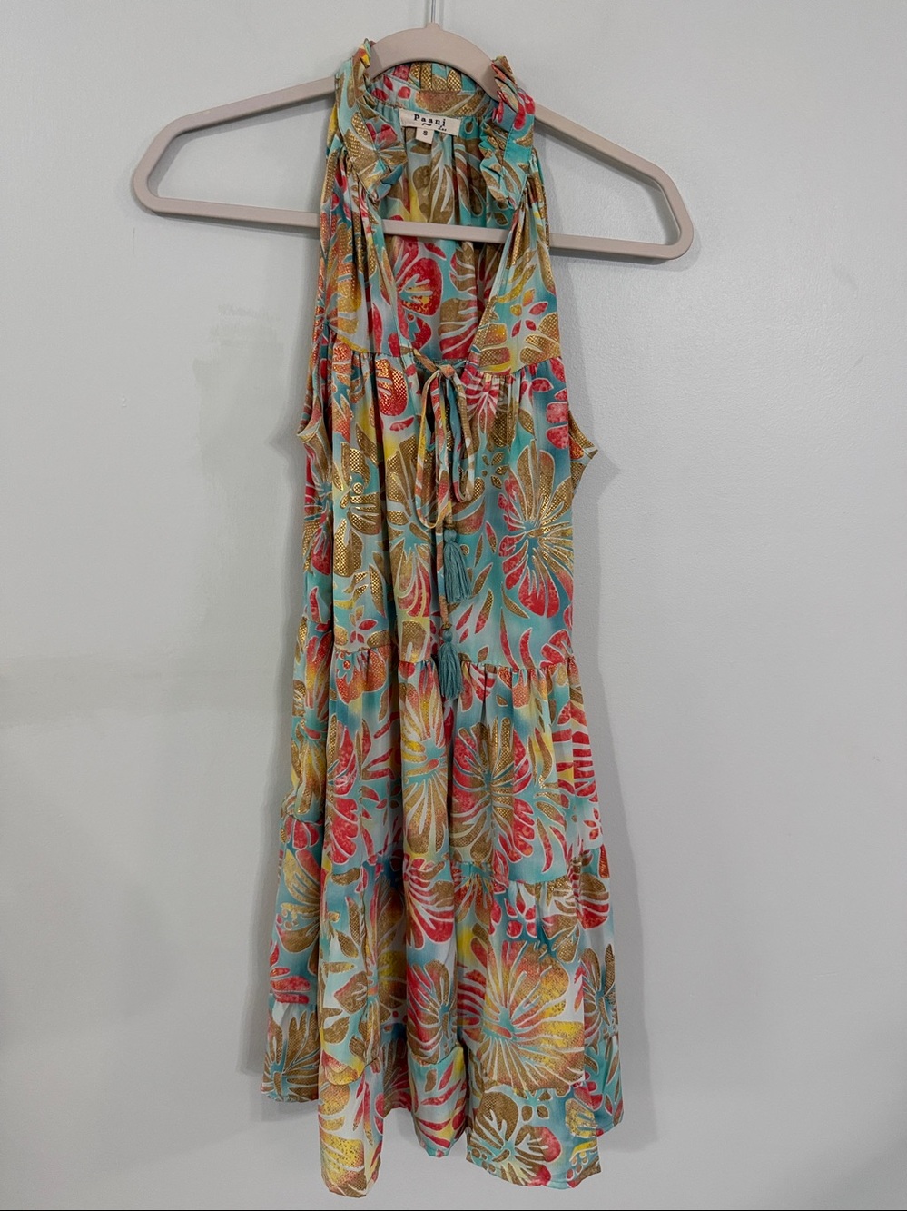 Tiered Halter Floral Sundress in Aqua, Coral & Yellow
